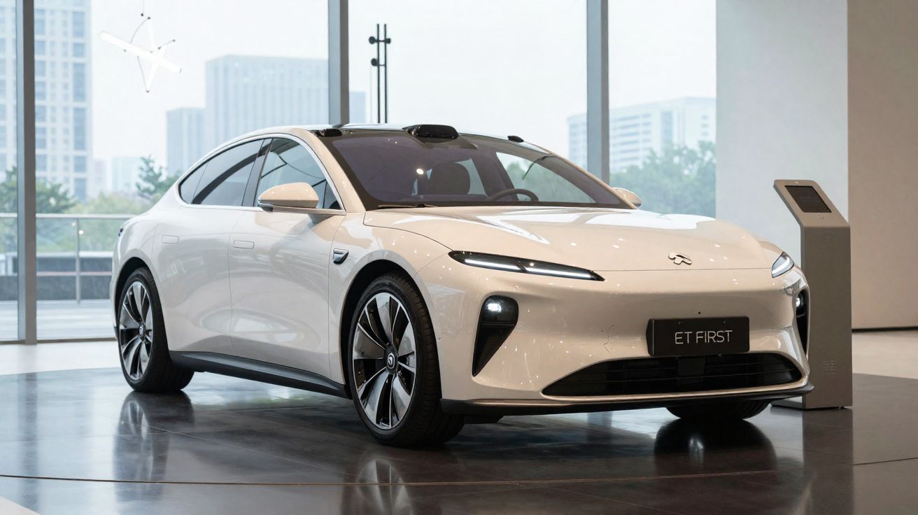 Carro elétrico branco moderno com design aerodinâmico exposto num salão urbano com grandes janelas.