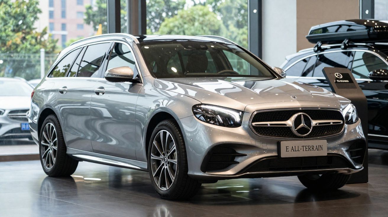 Automóvel Mercedes-Benz E All-Terrain cinzento estacionado em showroom com janelas e carros ao fundo.