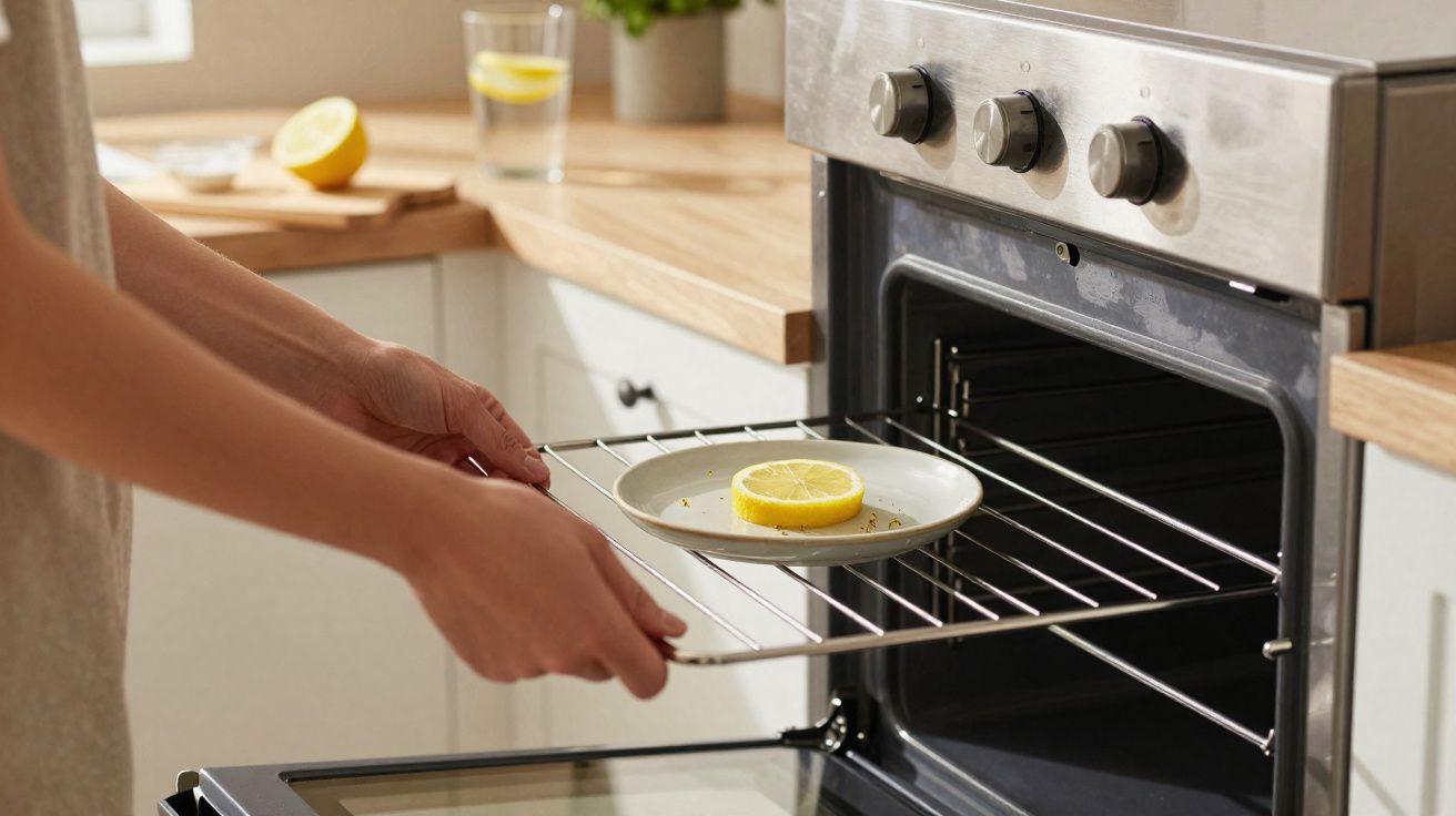Pessoa a colocar prato com fatia de limão no forno numa cozinha moderna.