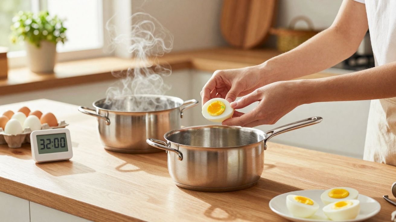 Pessoa a descascar ovo cozido ao lado de tachos com vapor e timer digital numa cozinha moderna.