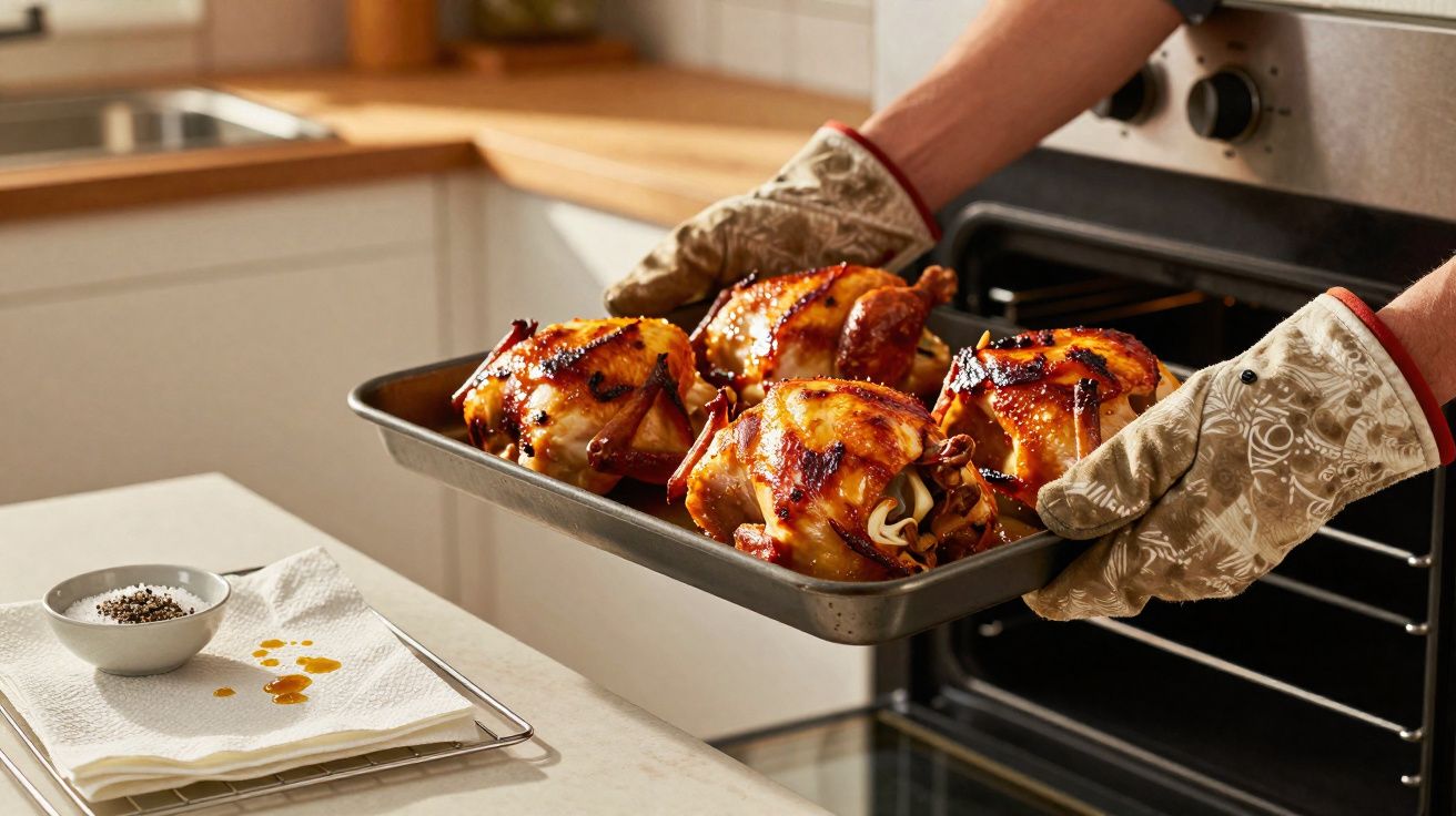 Pessoa a tirar quatro frangos assados dourados do forno usando luvas térmicas na cozinha.