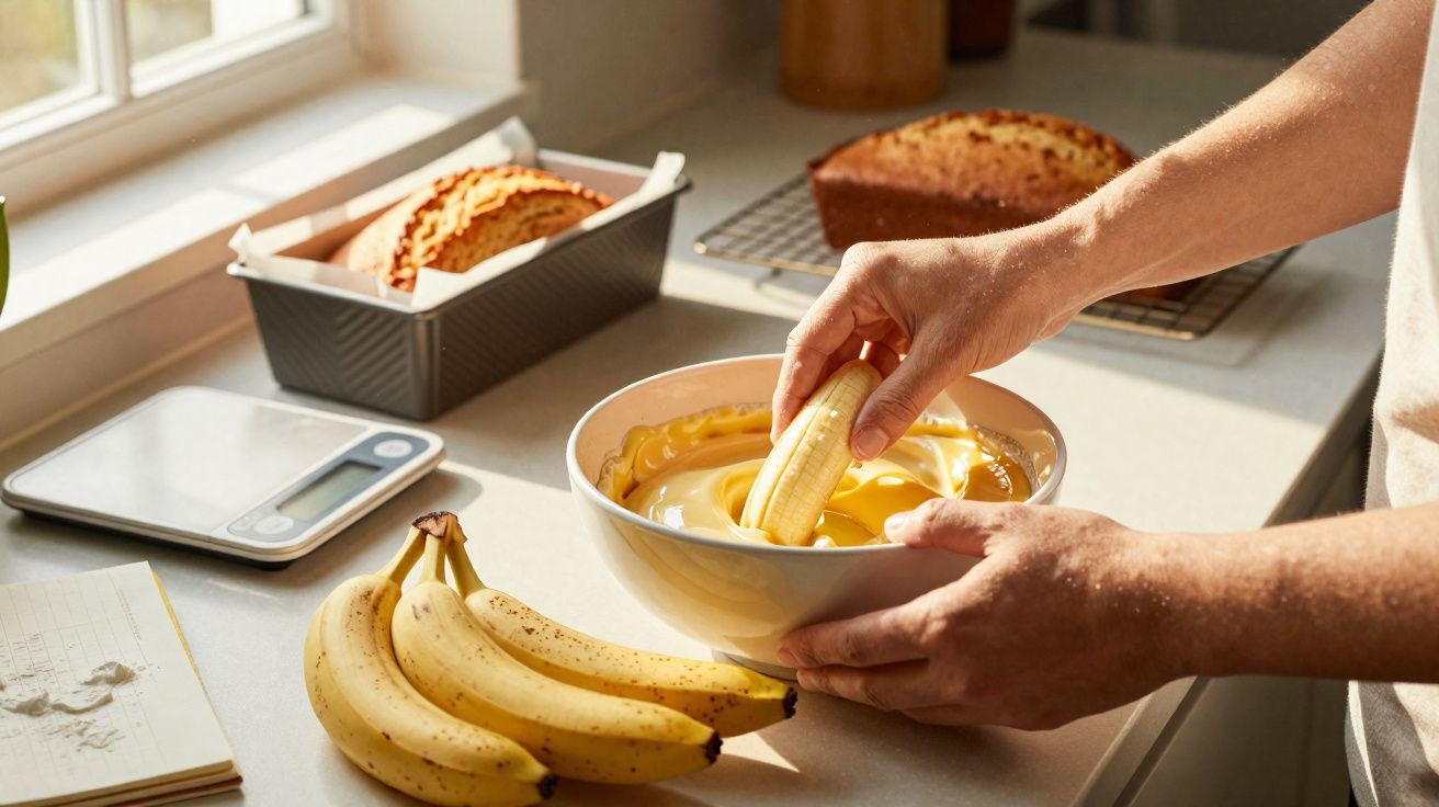 Pessoa a mergulhar banana em tigela com massa amarela, bananas frescas e pão caseiro no balcão de cozinha.