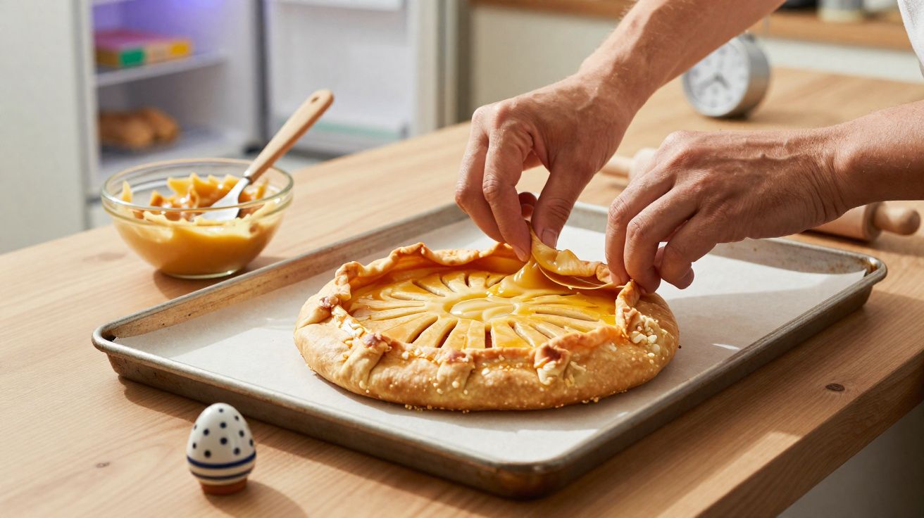 Mãos a fechar a borda de uma tarte de maçã numa forma, com uma taça de recheio e um ovo na mesa.