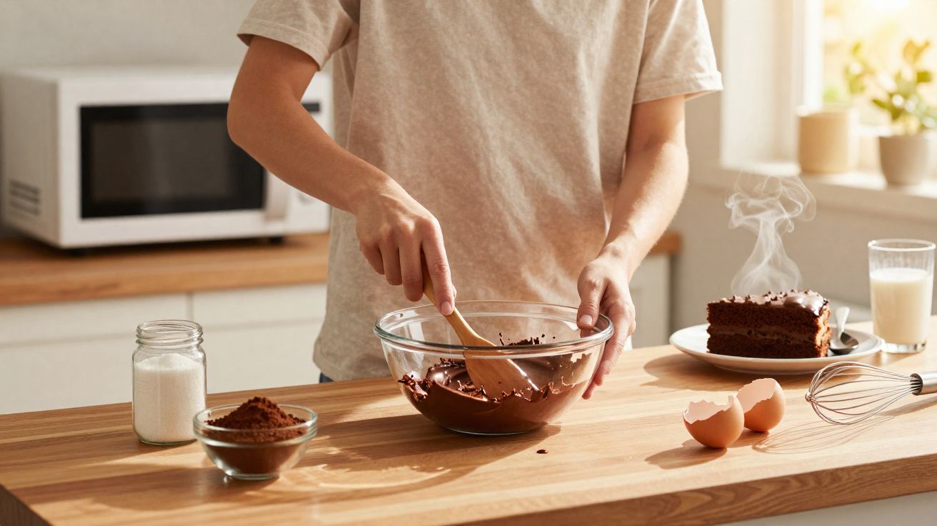 Pessoa a mexer chocolate derretido numa taça de vidro numa cozinha iluminada.