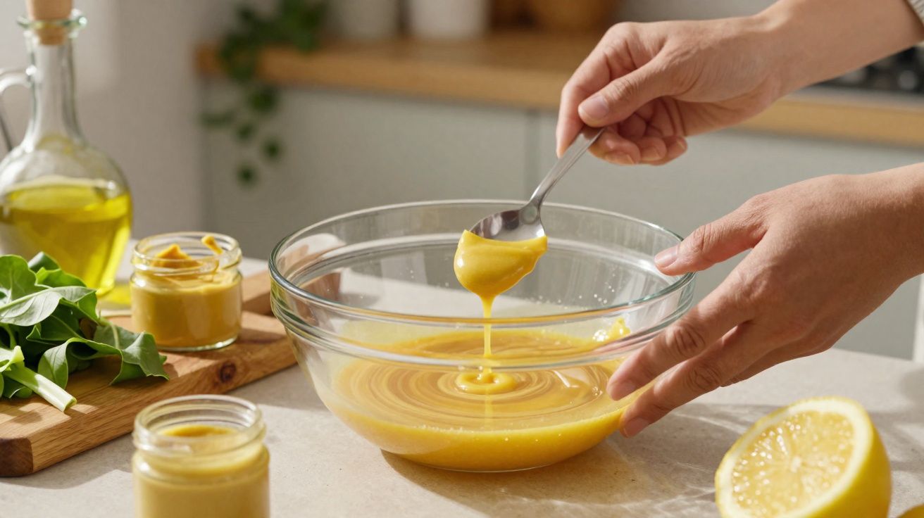 Mãos a mexer molho amarelo numa taça de vidro com limão, azeite e ervas ao lado numa bancada.
