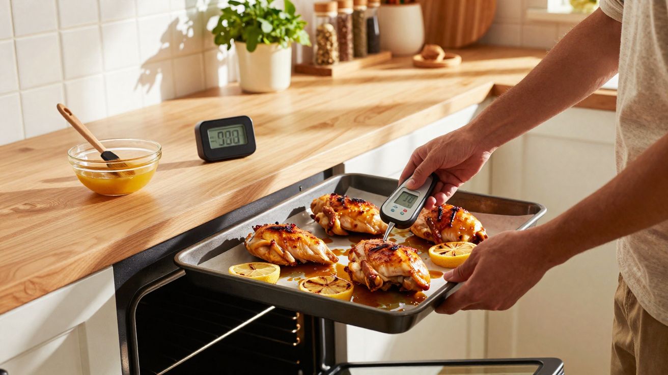 Pessoa usando termómetro de cozinha para medir a temperatura do frango assado no tabuleiro com rodelas de limão.