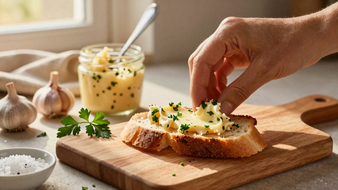 Mão a decorar fatia de pão com manteiga e ervas frescas, junto a alho e sal em madeira.