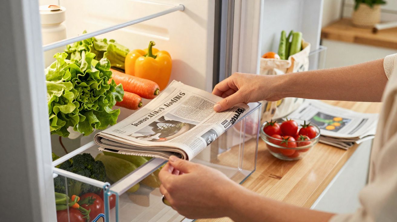 Pessoa a colocar jornal dobrado numa gaveta do frigorífico com legumes frescos ao fundo.