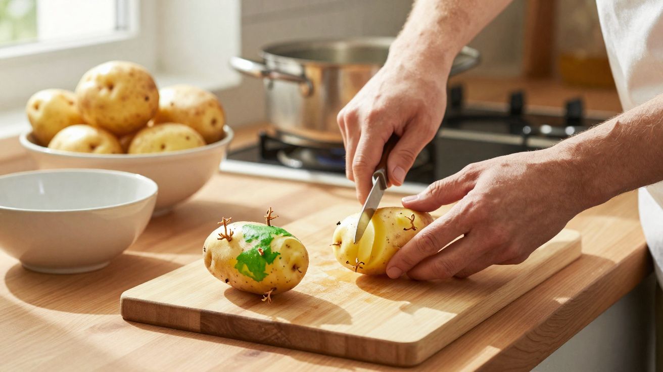 Mãos a cortar batata numa tábua de madeira numa cozinha com batatas e panela a fundo.