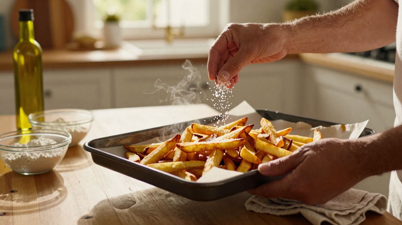 Pessoa a salpicar sal em batatas fritas recém-saídas do forno numa tabuleiro na cozinha.