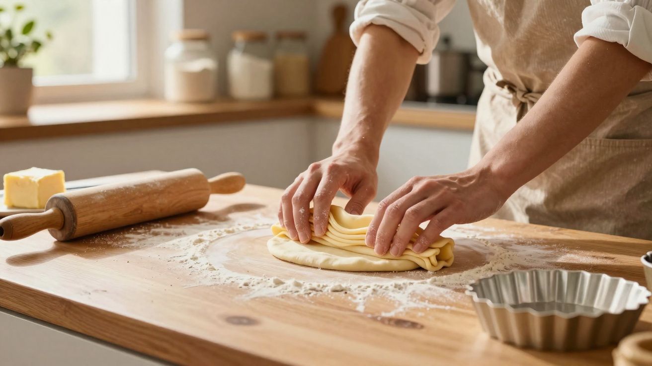 Mãos a dobrar massa folhada sobre bancada de madeira com rolo e formas de pastelaria próximas.