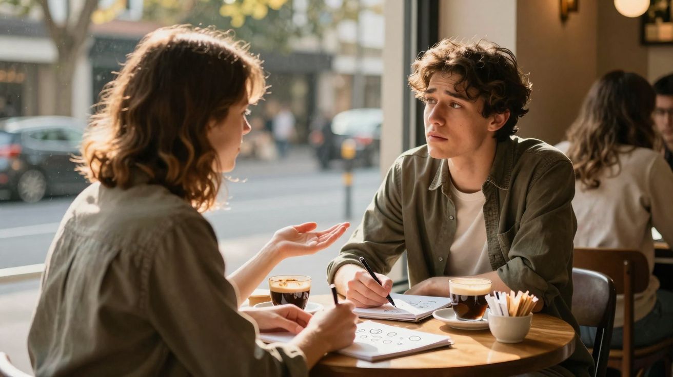 Dois jovens sentados numa cafetaria, a discutir e a fazer anotações em cadernos, com cafés na mesa.