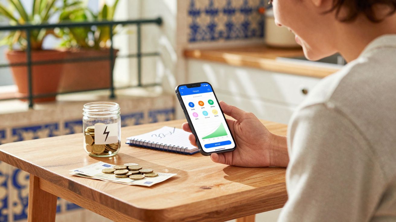Pessoa a usar smartphone para gerir finanças, com moedas e notas em jarro numa mesa de madeira.