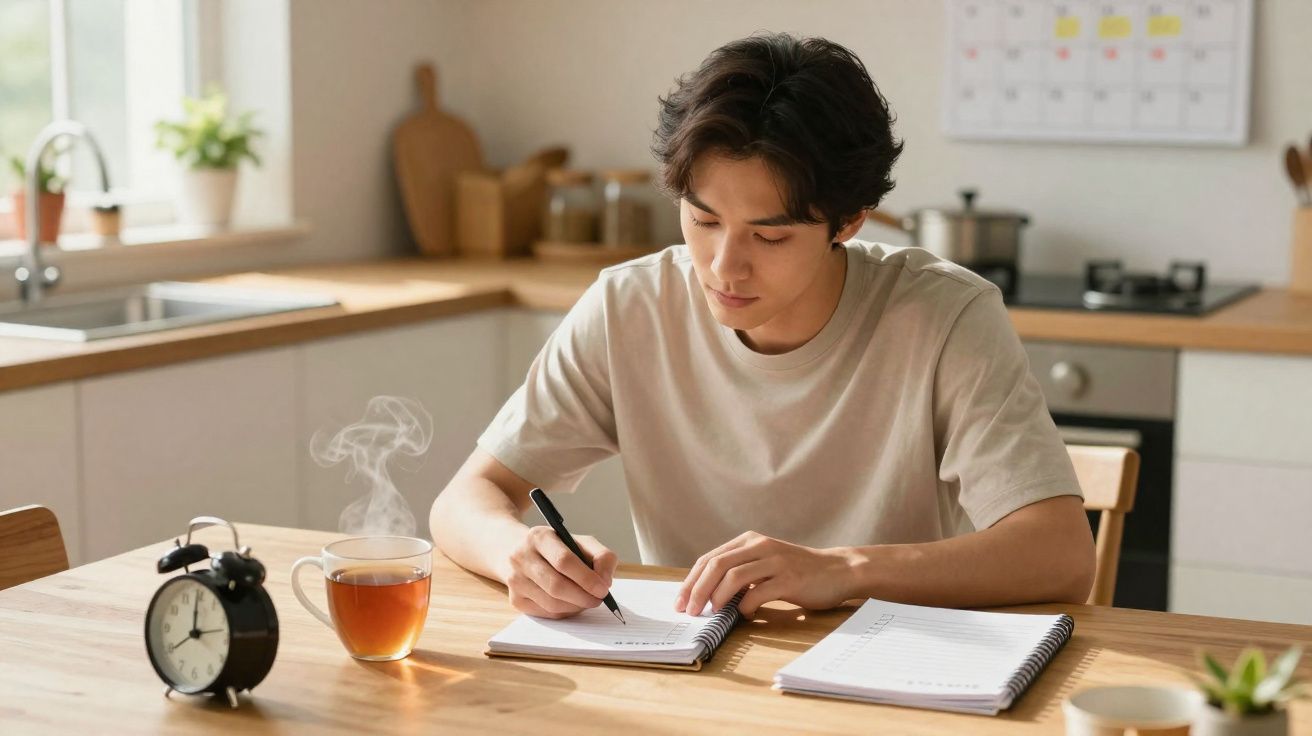 Jovem sentado à mesa da cozinha a escrever num caderno, com chá quente e um despertador ao lado.