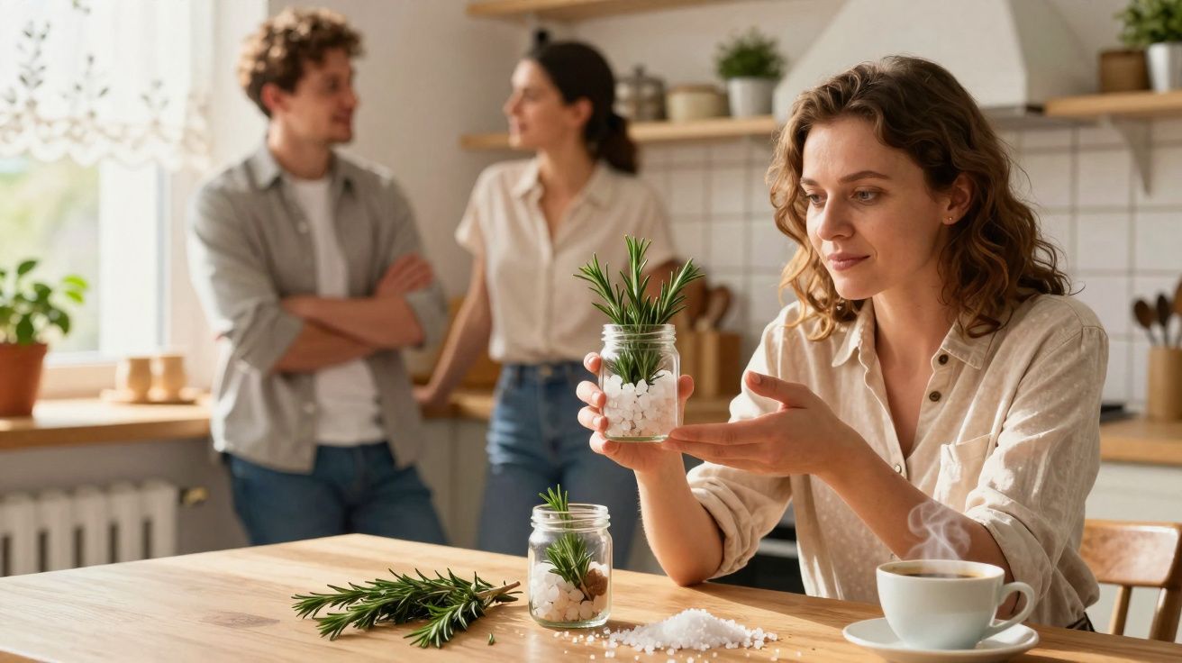 Mulher a segurar vaso com planta em cozinha, casal ao fundo numa conversa descontraída.