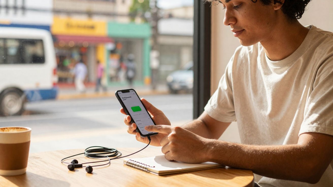 Jovem sentado numa mesa de café, usa smartphone com aplicação aberta e tem auscultadores e caderno à sua frente.