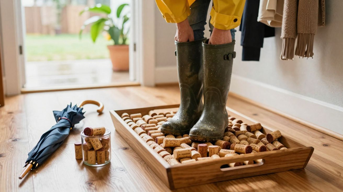 Pessoa com botas de chuva a pisar rolhas numa bandeja de madeira num hall de entrada com guarda-chuva fechado no chão.