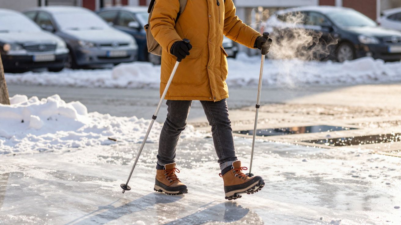 Pessoa com casaco amarelo e botas de inverno caminha com paus de apoio sobre gelo e neve numa rua urbana.