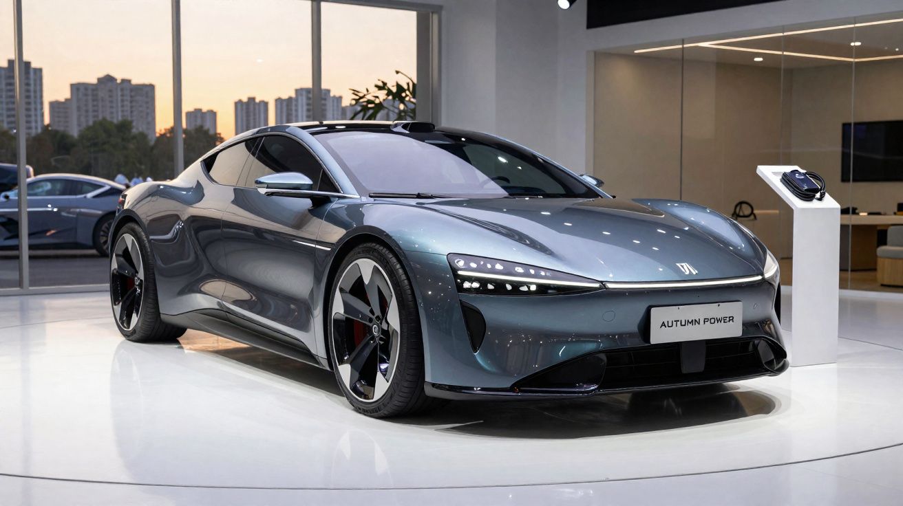 Carro desportivo eléctrico cinza metálico exposto numa superfície branca, com janelas grandes ao fundo.