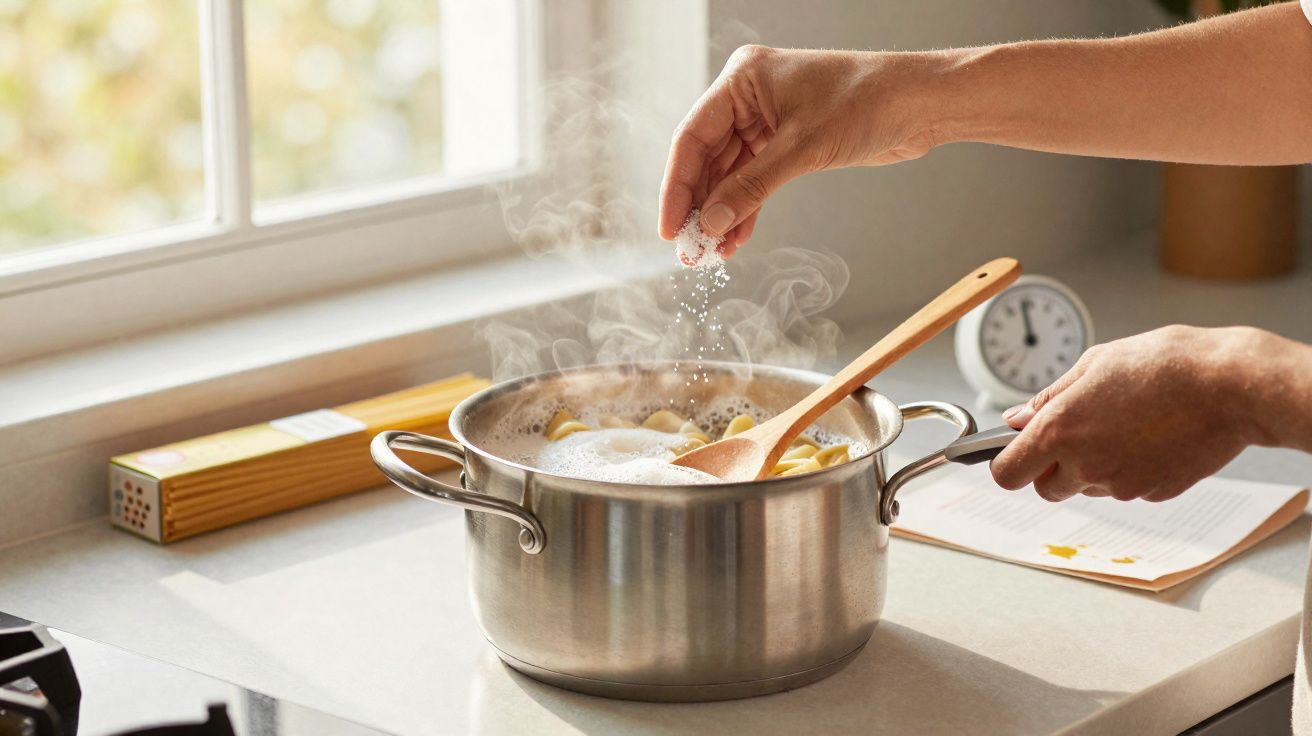 Pessoa a temperar massa a ferver numa panela de aço inox num fogão de cozinha iluminado pela luz natural.