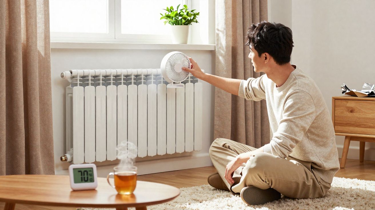 Homem sentado no chão ajusta ventoinha junto a radiador numa sala luminosa com chá e humidificador na mesa.