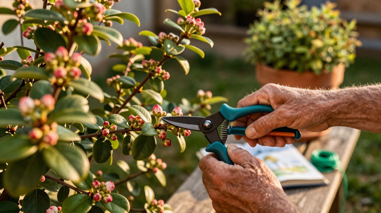 Mãos de pessoa a podar planta florida com tesoura de jardinagem ao ar livre num jardim.