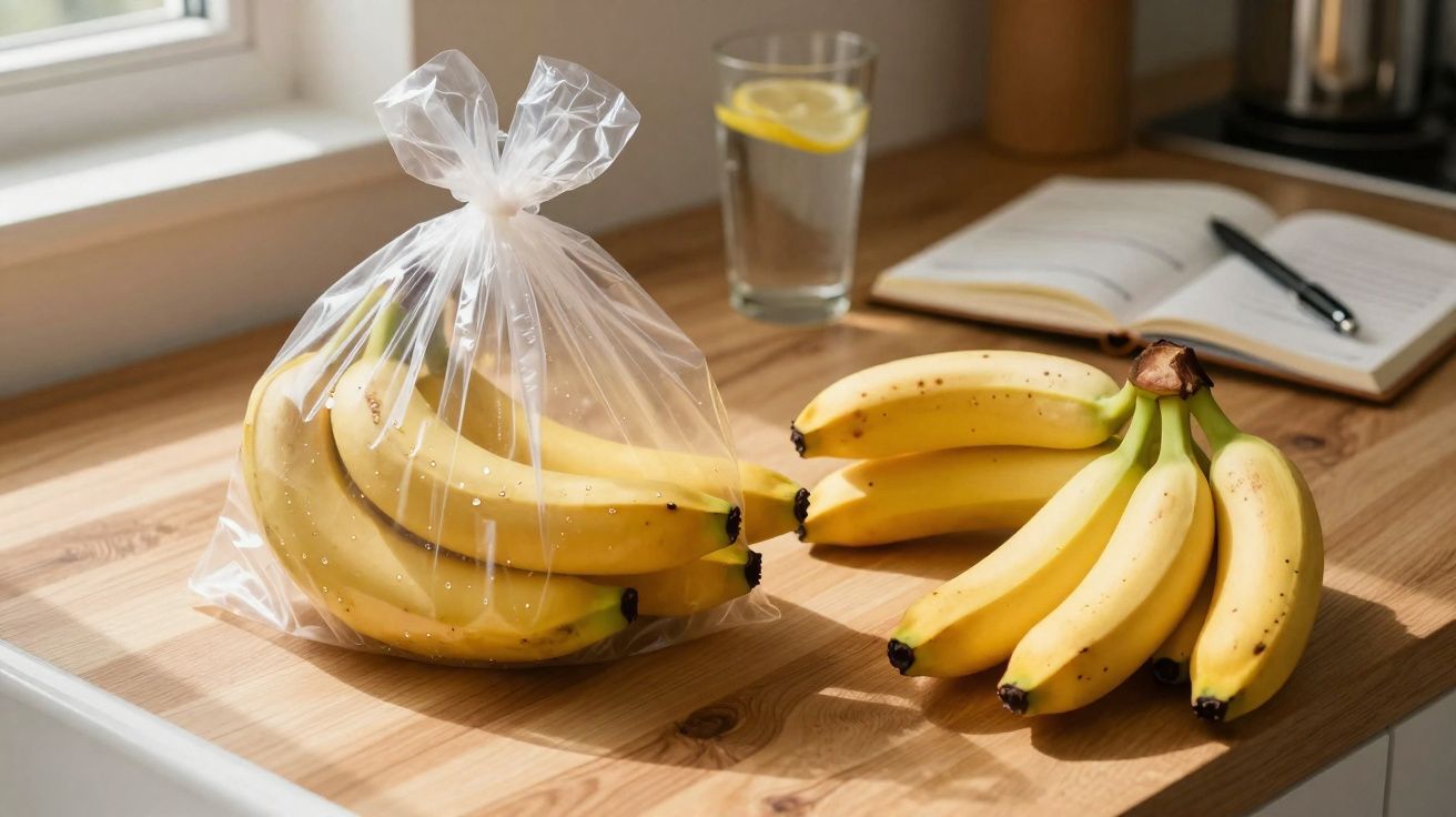 Cacho de bananas frescas numa mesa, algumas dentro de saco plástico e outras ao lado, com caderno e copo de água.