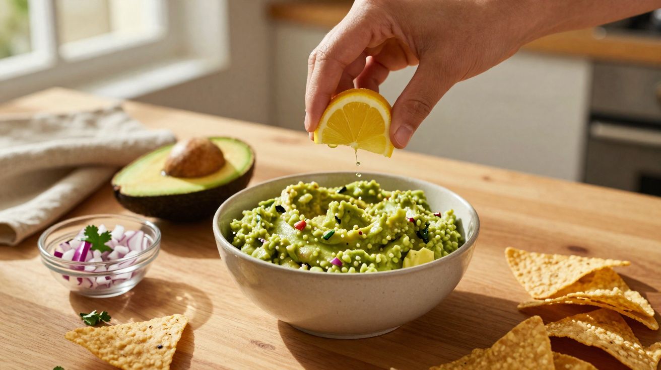 Mão a espremer limão sobre uma taça com guacamole ao lado de abacate, cebola e nachos.