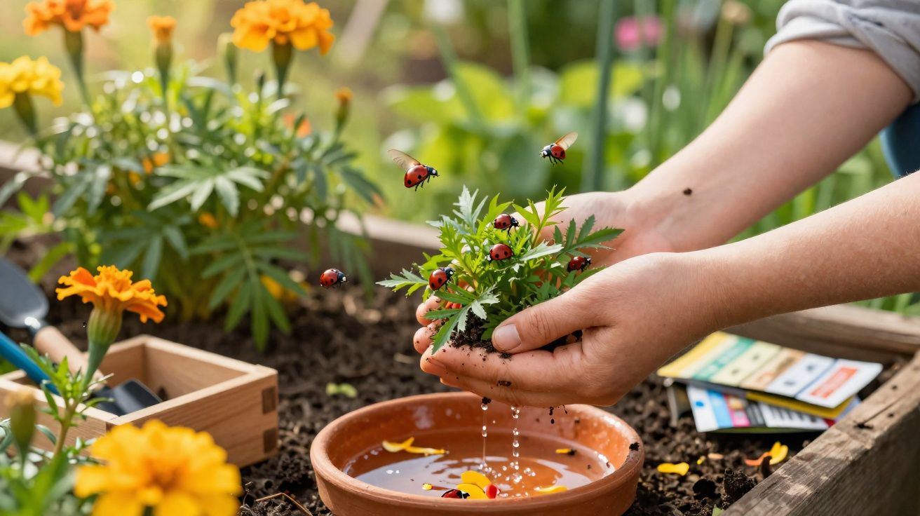 Mãos a segurar planta com joaninhas num canteiro de jardim com flores amarelas e vaso de água.