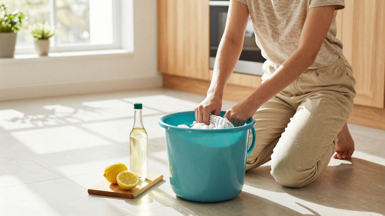 Pessoa a lavar roupa à mão num balde azul na cozinha, com limões e vinagre ao lado.