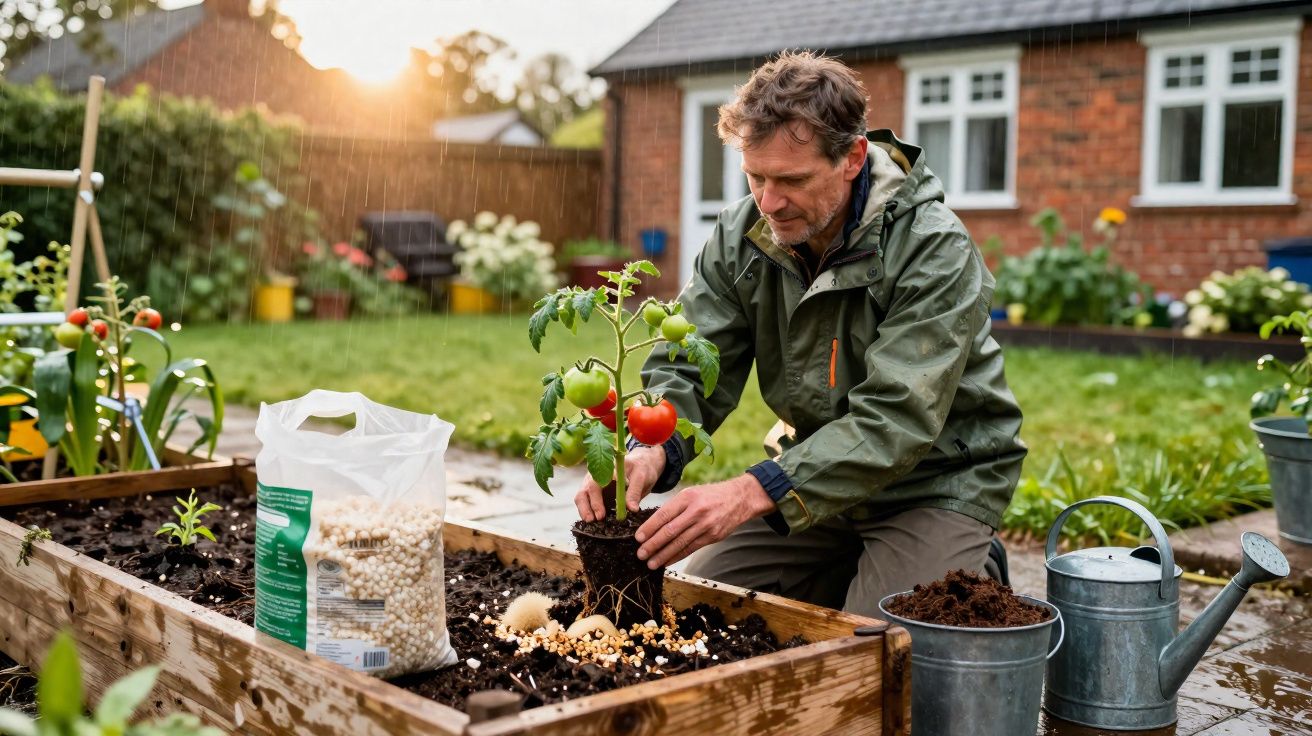 Homem a plantar tomateira num canteiro elevado num jardim durante uma chuva suave ao pôr do sol.