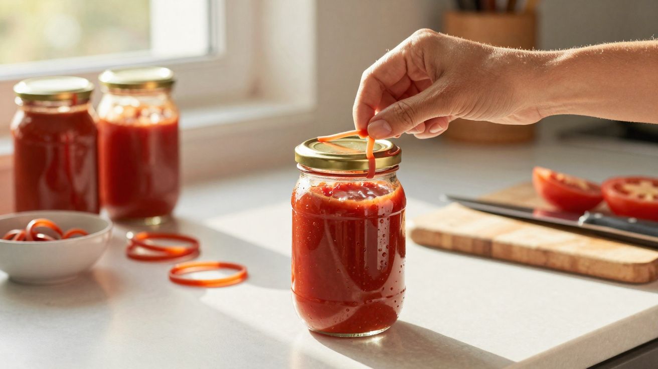 Pessoa a abrir um frasco de vidro com molho de tomate numa cozinha iluminada.