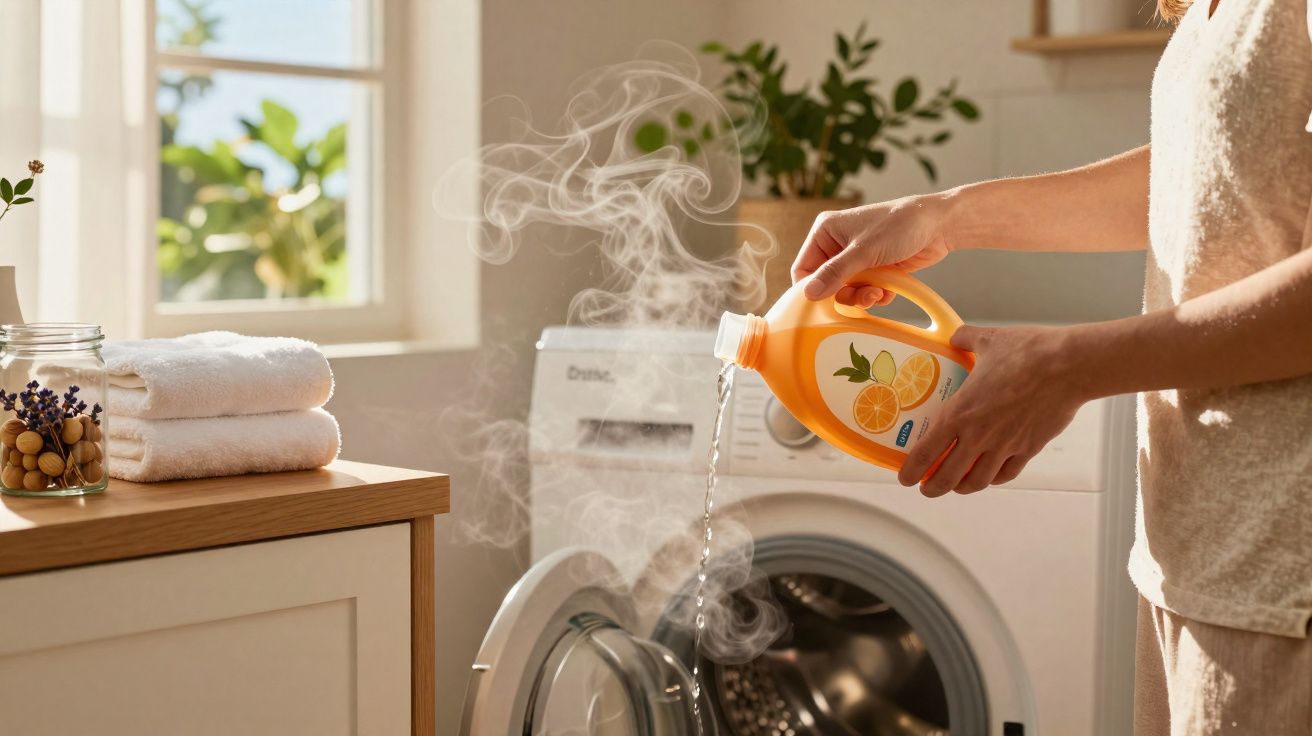Pessoa a verter detergente numa máquina de lavar roupa a vapor numa divisão iluminada por luz natural.