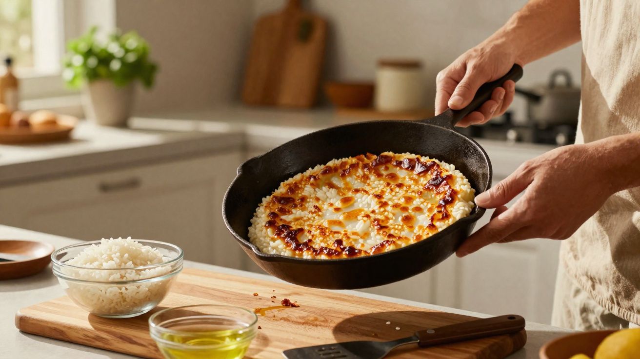 Pessoa a segurar frigideira com arroz de forno crocante numa cozinha com ingredientes sobre a bancada.