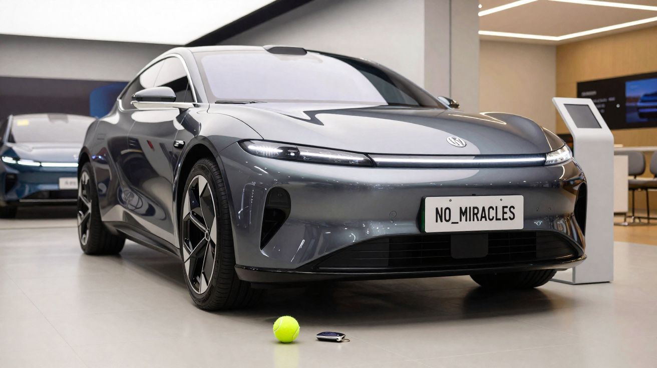 Carro elétrico cinza escuro moderno estacionado em showroom com bola de ténis e comando no chão.