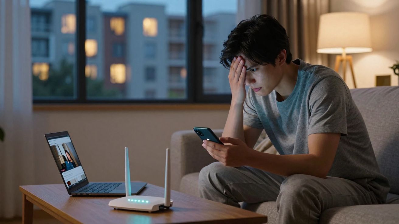 Homem sentado no sofá com expressão preocupada, olhando para telemóvel, com router e computador à sua frente.