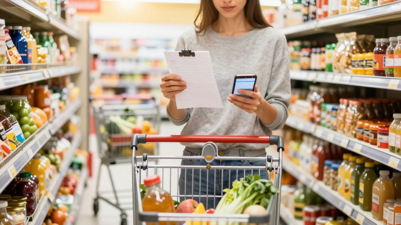 Mulher a fazer compras, consulta lista e telemóvel no corredor de supermercado com carrinho parcialmente cheio.