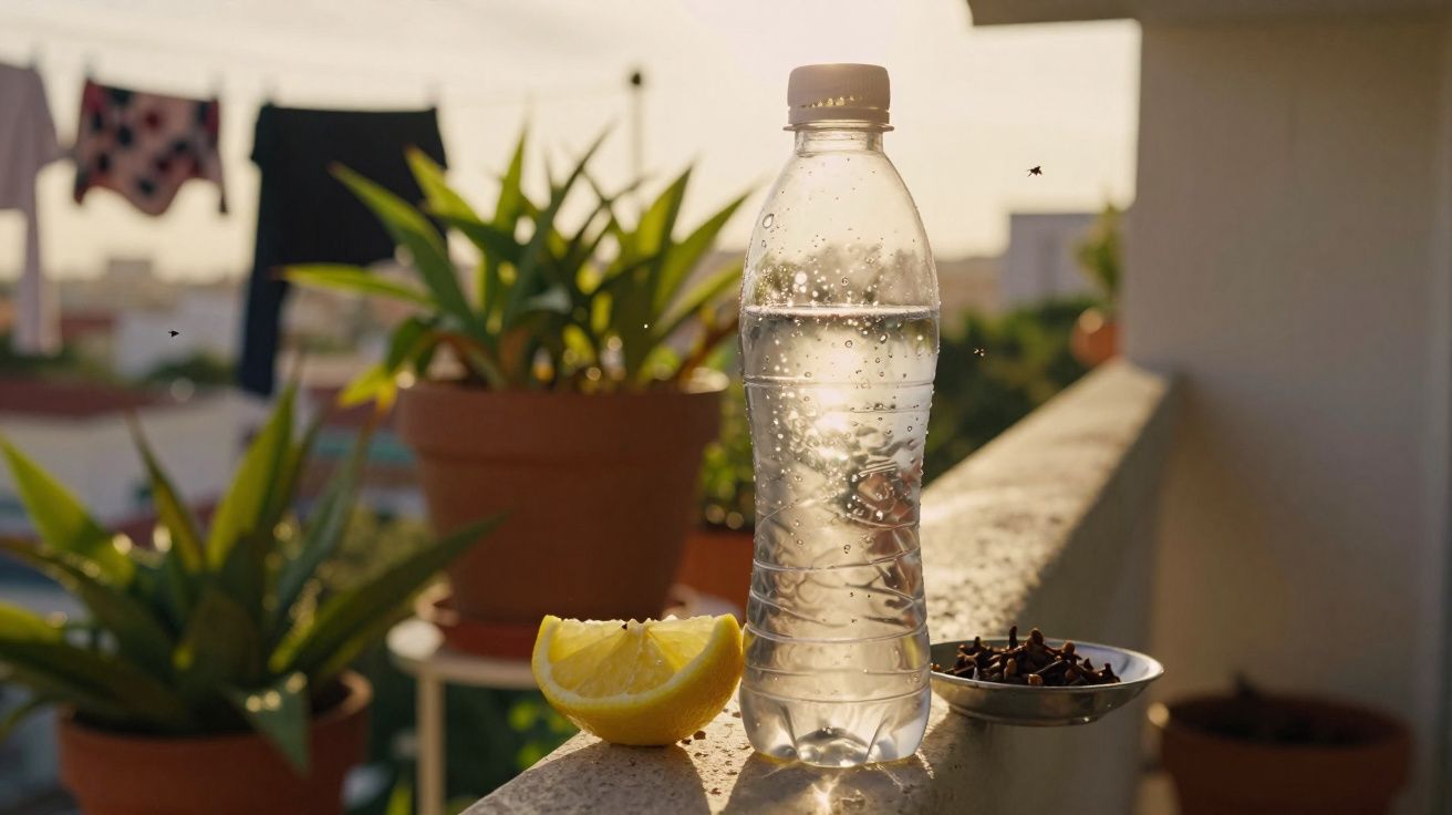 Garrafa de água, limão cortado e tigela com cravos numa varanda com plantas ao pôr do sol.