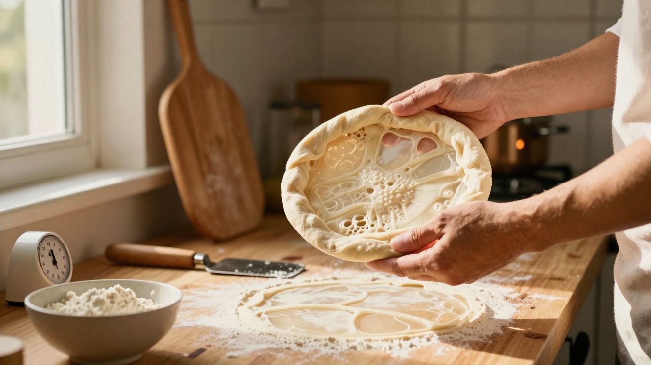 Pessoa a esticar massa fina com buracos, numa bancada de cozinha com farinha e utensílios.