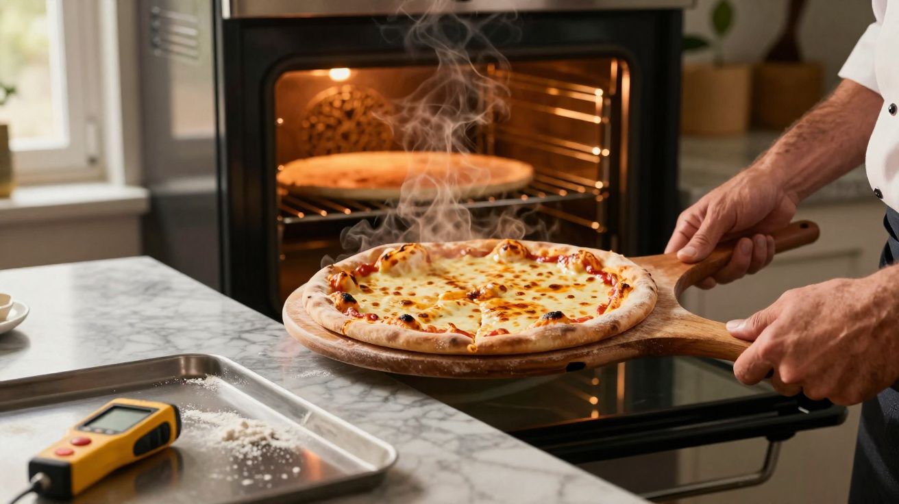 Pizza de queijo fumegante a ser retirada do forno com pá de madeira numa cozinha.