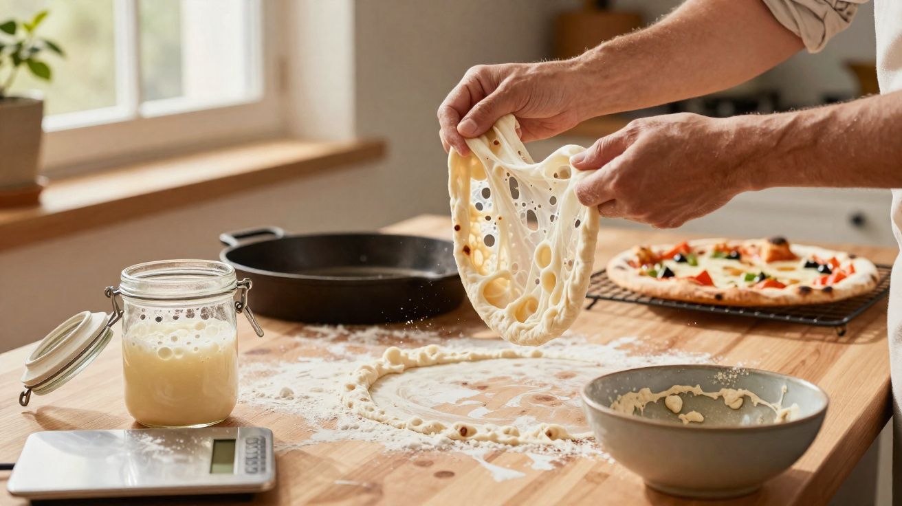 Pessoa a esticar massa de pizza numa mesa de madeira com ingredientes e pizza cozida ao fundo.