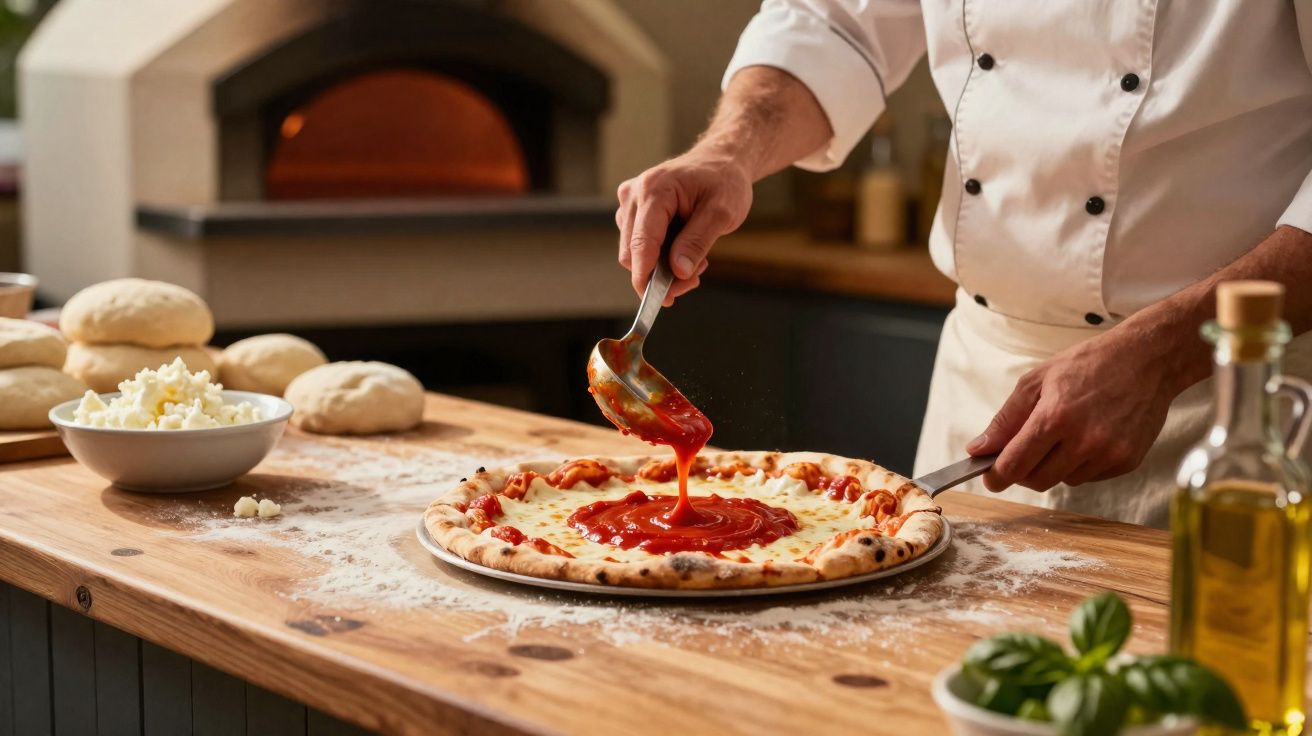 Chef a preparar pizza com molho de tomate num balcão de madeira numa cozinha profissional.