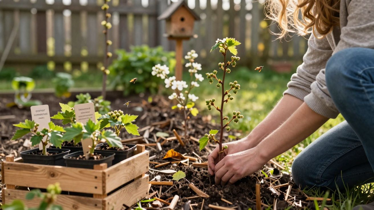 Pessoa a plantar uma muda de planta num jardim, com caixas de outras plantas ao lado e água a cair.