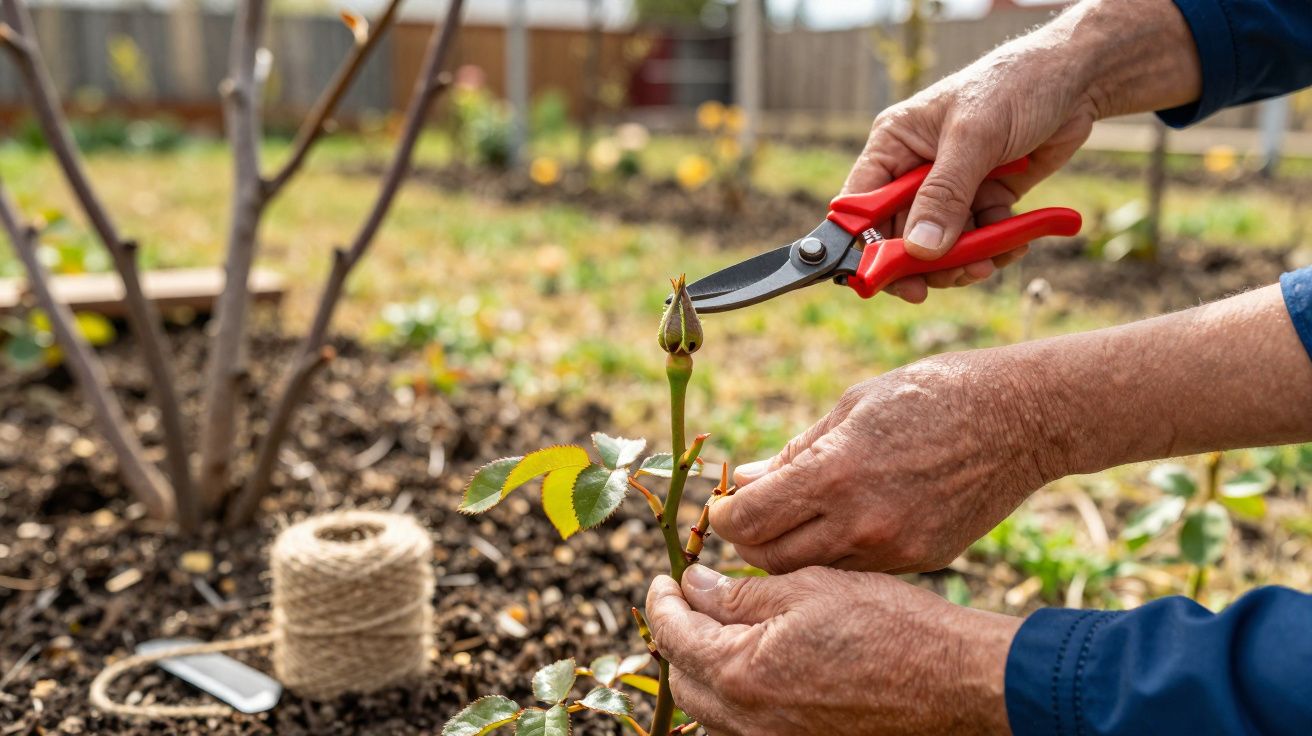 Mãos a podar uma rosa com tesoura vermelha num jardim com terra e flores desfocadas ao fundo.