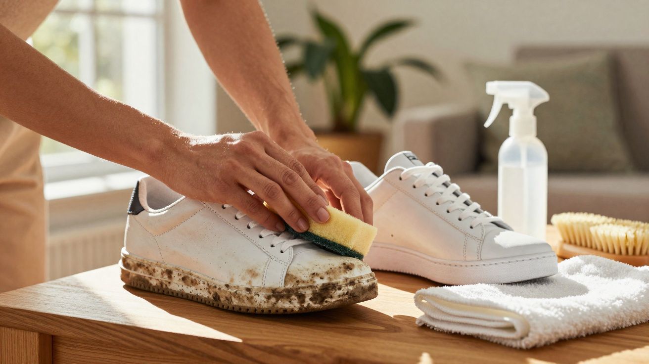 Pessoa a limpar ténis branco com esponja, com ténis limpo e produtos de limpeza numa mesa.