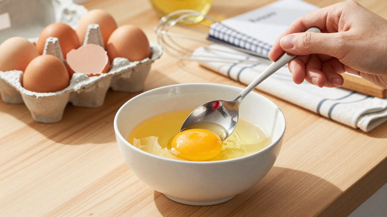 Mão a segurar colher com gema de ovo numa tigela branca, ovos na embalagem e utensílios de cozinha ao fundo.