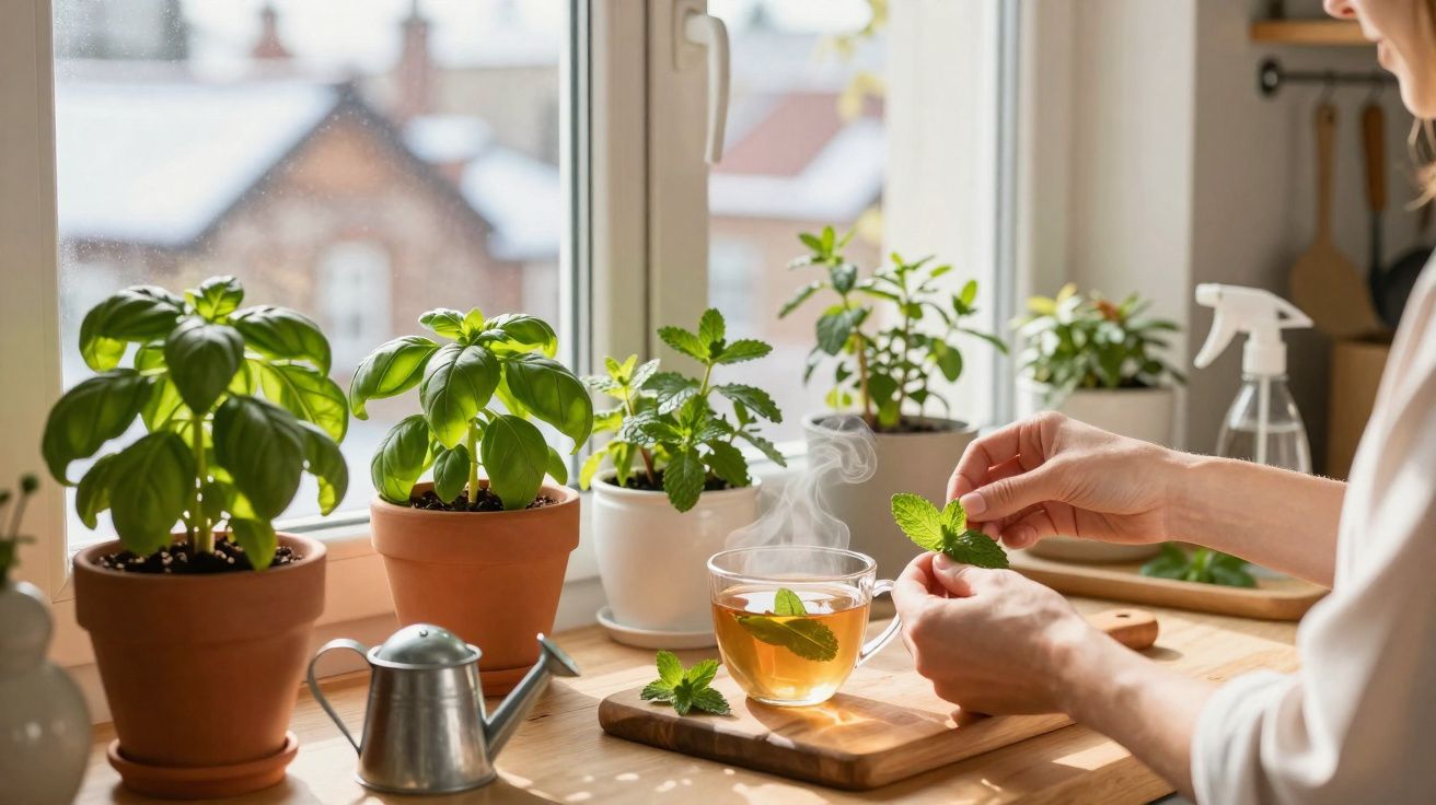 Pessoa a preparar chá de ervas junto a várias plantas em vasos numa janela iluminada pelo sol.