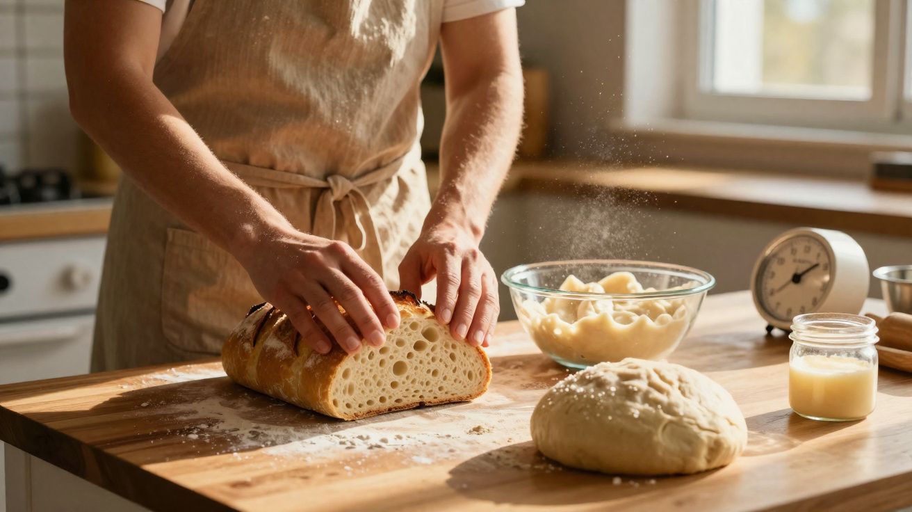 Pessoa com avental a cortar pão caseiro numa cozinha bem iluminada, com massa e ingredientes na mesa.