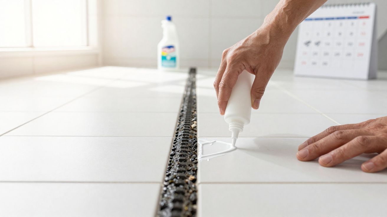 Mãos aplicam produto de limpeza em juntas de pavimento branco junto a ralo embutido preto.