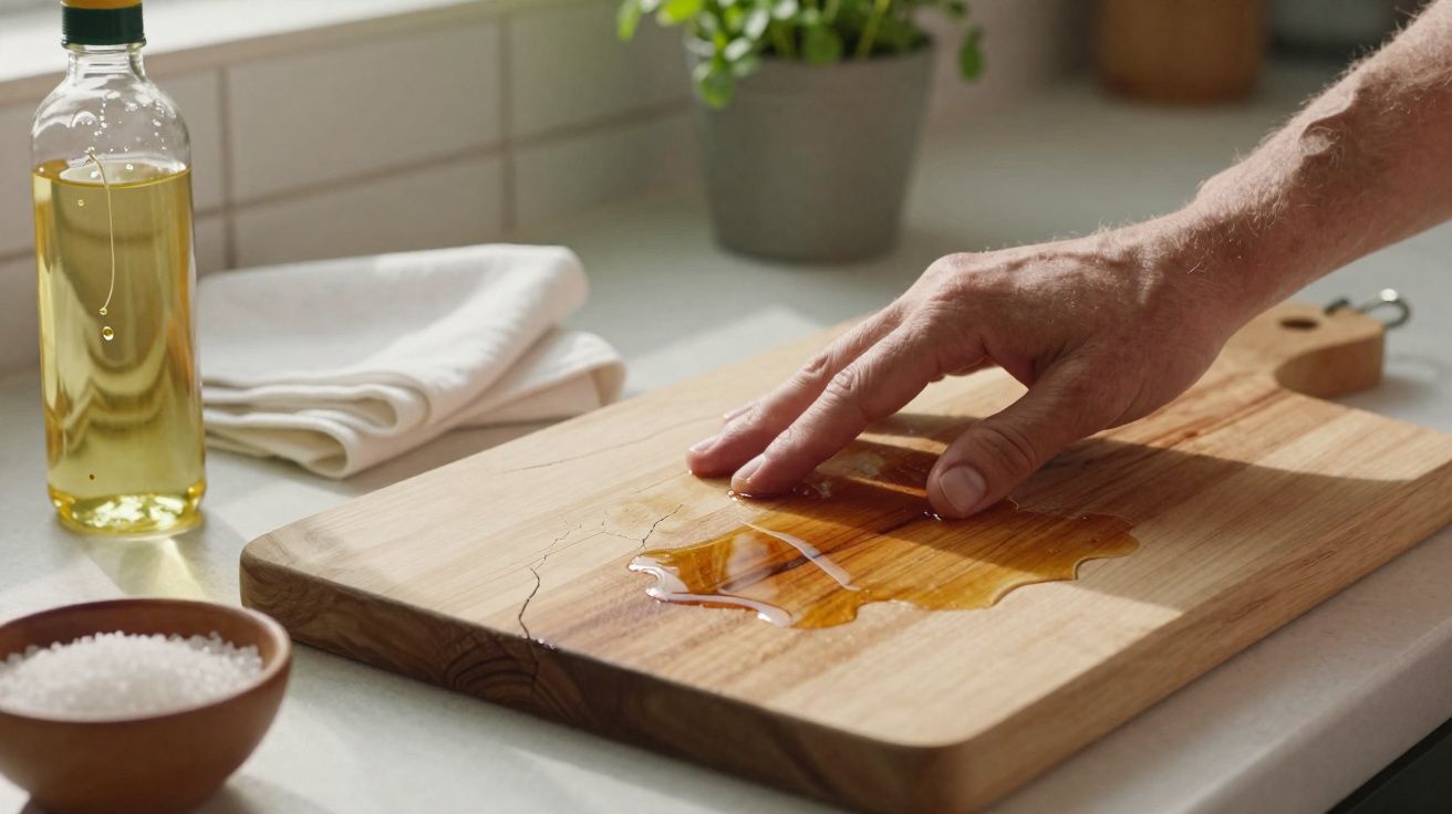 Mão de pessoa a espalhar azeite sobre tábua de madeira numa cozinha com óleo e sal ao lado.